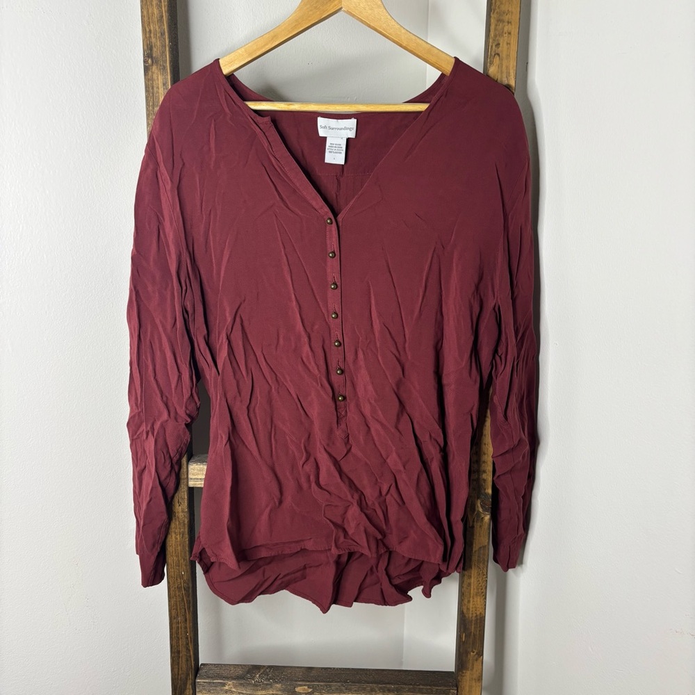 Soft Surroundings Women's Burgundy Button-Up Top L
